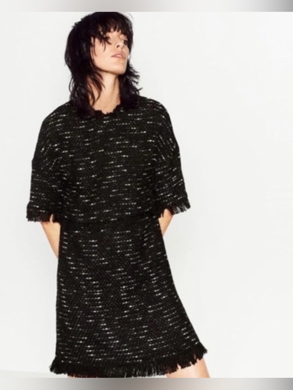 Zara Black Flecked Tweed Fringe Dress